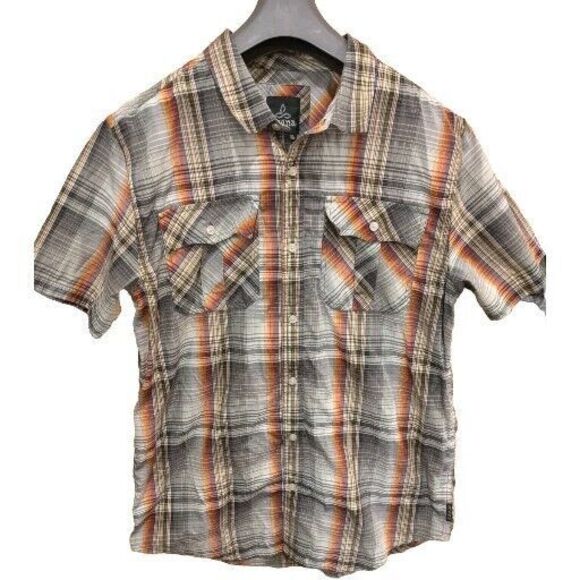 Prana Men's  Large Fits Medium SHORT   Sleeve  Plaid‎ Organic Cotton Blend - Picture 1 of 3